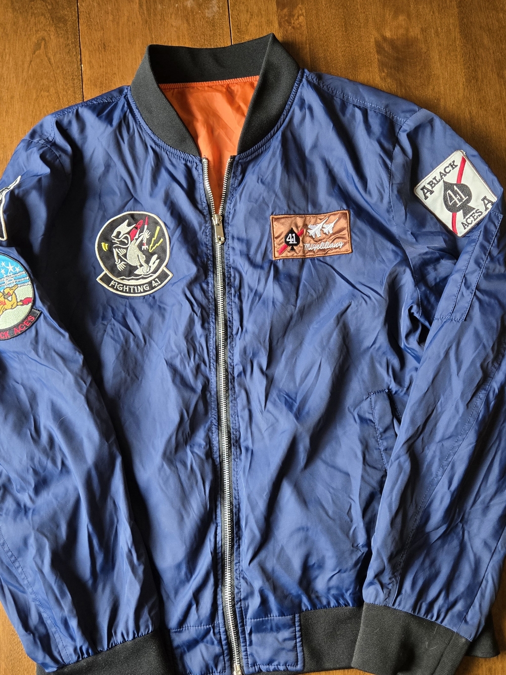 Polo Mano MA-1 Style Bomber Jacket Navy Orange Patch Flight Jacket Medium